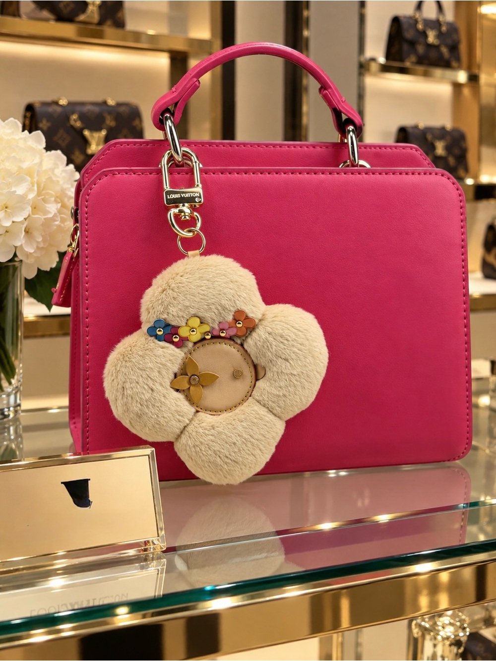 Keychain Top-Handle Leather Tote with Floral Charm